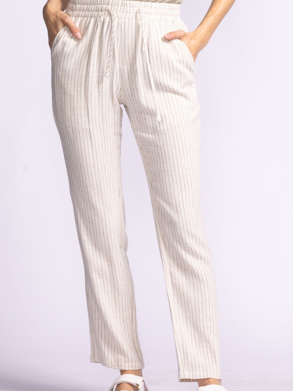 Women's Striped Drawstring Pull On Linen-Blend Trousers Cream/Black XS